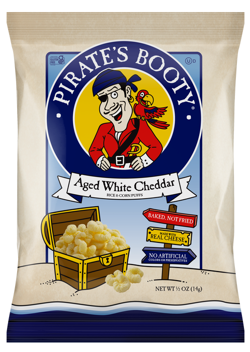 Image of PIRATE'S BOOTY Aged White Cheddar Rice & Corn Puffs, 0.5 oz Bags (24 Count) Packaging