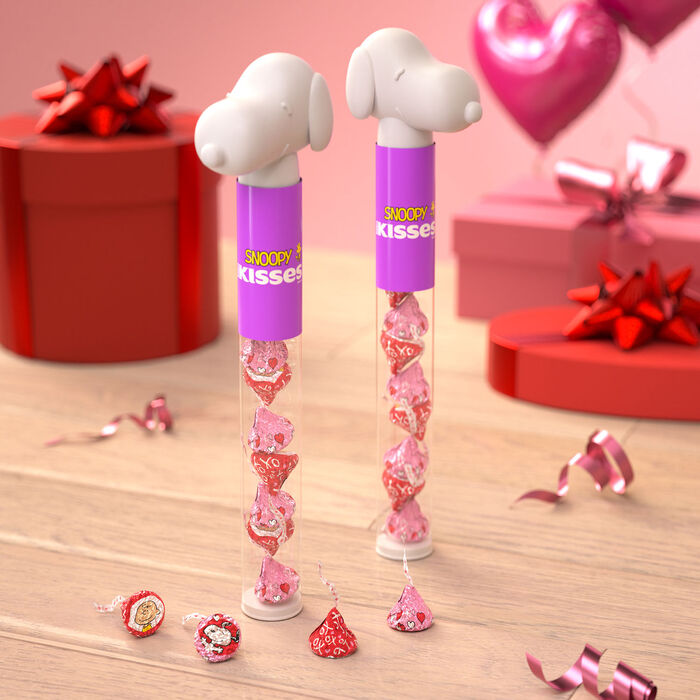 Image of HERSHEY'S KISSES Milk Chocolate Snoopy™ and Friends, Valentine's Candy Plastic Cane, 2.08 oz Packaging