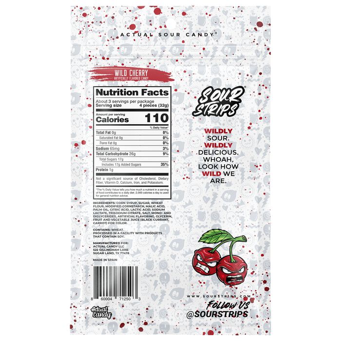Image of Sour Strips Wild Cherry Candy Peg Bag, 3.4oz Packaging