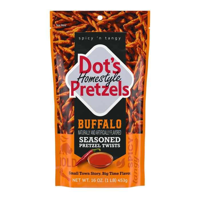 Image of DOT'S HOMESTYLE PRETZELS Buffalo Seasoned Pretzel Twists, 16oz bag Packaging