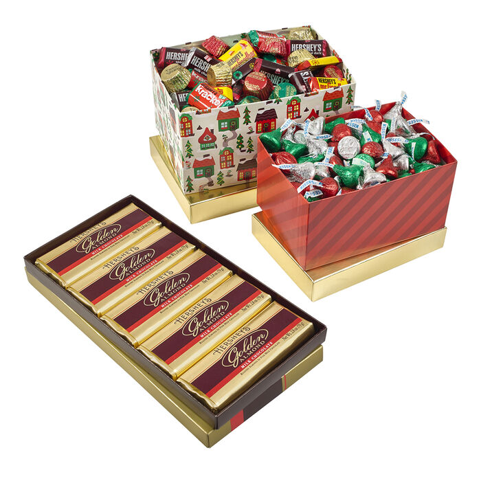 Image of HERSHEY'S KISSES, Assorted Miniatures and GOLDEN ALMOND Milk Chocolate Bars Filled Three-Box Holiday Gift Tower Packaging