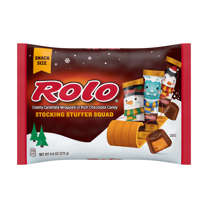 Image of Holiday ROLO Milk Chocolate Caramels Stocking Stuffer Squad Snack Size, 10 oz. Bag Packaging