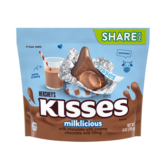 Image of HERSHEY'S KISSES Milklicious Milk Chocolate with Chocolate Fill Share Bag, 9 oz Packaging