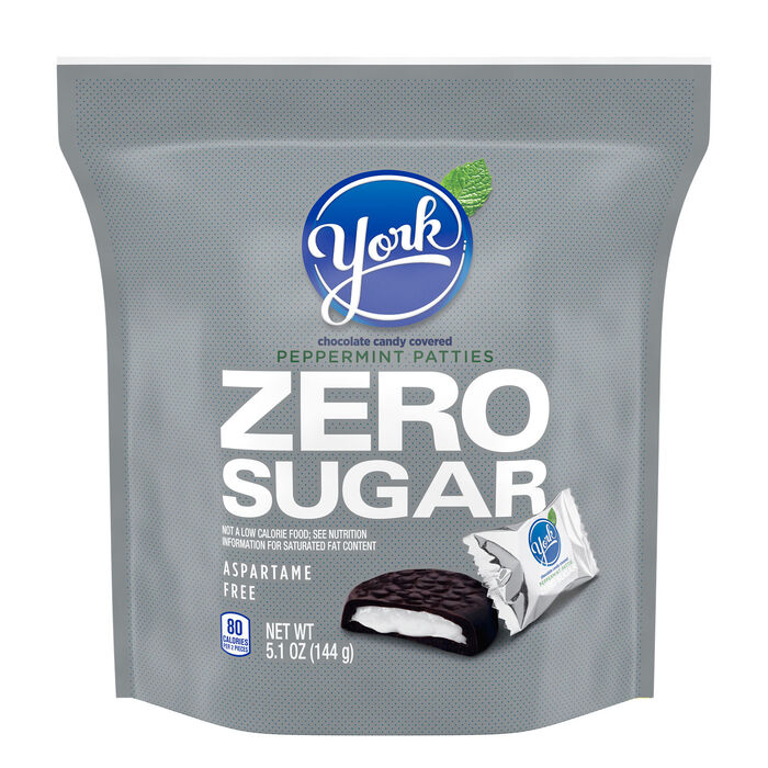 Image of YORK Zero Sugar Dark Chocolate Candy Peppermint Patties Miniatures 5.1oz Candy Bag Packaging