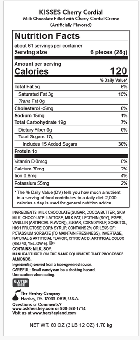 Image of HERSHEY&rsquo;S KISSES Cherry Cordial Candy, Bulk Bag (60oz) Packaging