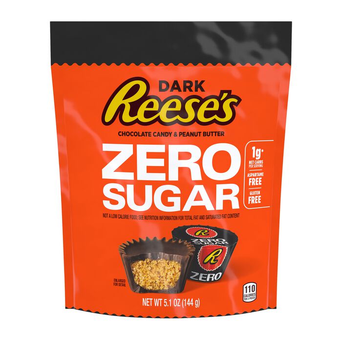 Image of REESE'S Zero Sugar Miniatures Dark Chocolate Peanut Butter Cups Candy Bag, 5.1 oz Packaging
