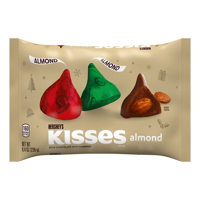 Image of HERSHEY'S KISSES Milk Chocolate with Almonds, Christmas , Candy Bag, 8.4 oz Packaging
