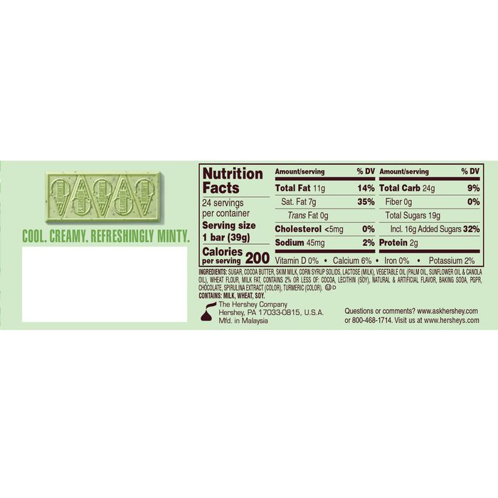 Image of HERSHEY'S Cookies 'N' Mint Ice Cream Flavored Standard Size Candy Bar, 1.38oz (24 Count) Packaging