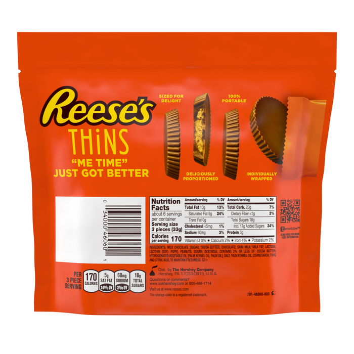 Image of REESE'S THiNS Milk Chocoalte Peanut Butter Cups Snack Size 7.37oz Candy Bag Packaging
