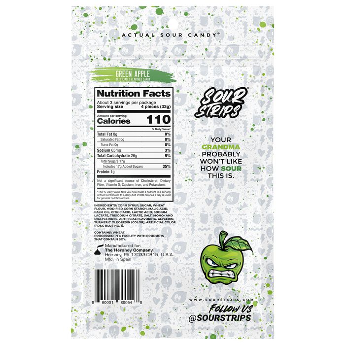 Image of Sour Strips Green Apple Candy Peg Bag, 3.4oz Packaging