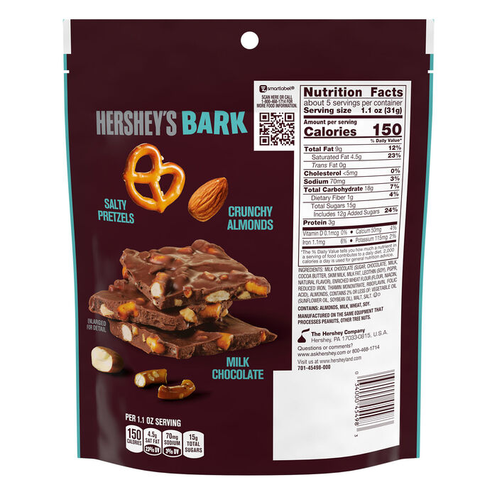 Image of HERSHEY'S Milk Chocolate Candy Bark with Almonds and Salted Pretzels Bag, 6 oz Packaging