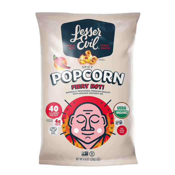 Image of LesserEvil Fiery Hot Popcorn 4.6oz Packaging