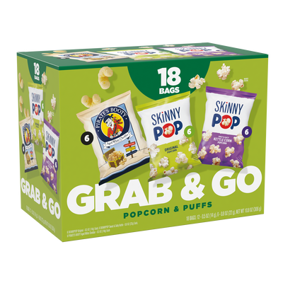 SKINNYPOP Original and Sweet and Salty Kettle Corn and PIRATE’S BOOTY Aged White Cheddar Puffs 18-count Multipack Box