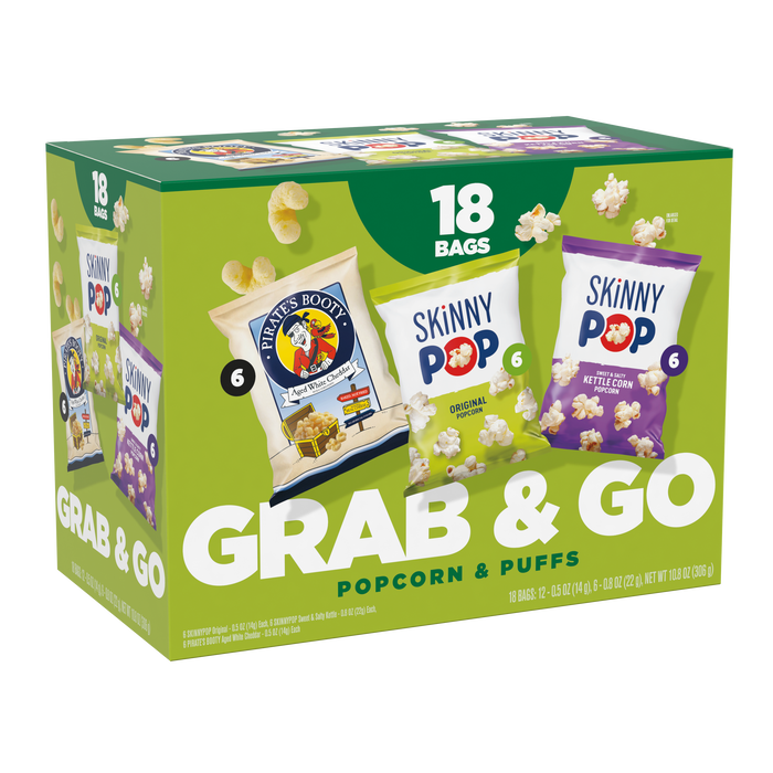 Image of SKINNYPOP Original and Sweet and Salty Kettle Corn and PIRATE’S BOOTY Aged White Cheddar Puffs 18-count Multipack Box Packaging