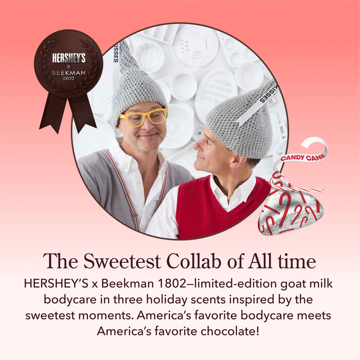 Image of Limited-Edition Beekman 1802 x HERSHEY’S Travel-Size KISSES Candy Cane Whipped Body Cream 2 oz Packaging