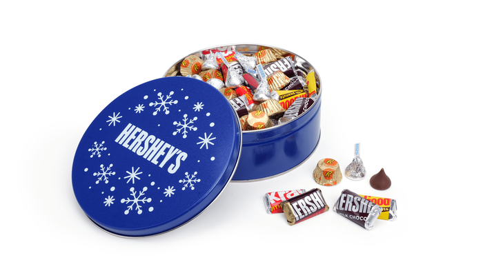 Image of WINTER HERSHEY'S  Milk and Dark Chocolate Assorted Blue Snowflake 2 lbs. Gift Tin Packaging