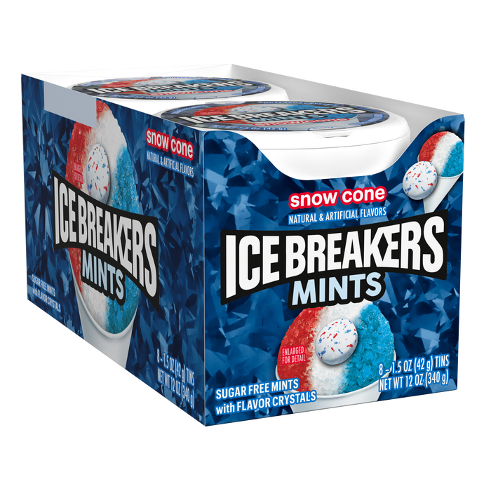 Image of ICE BREAKERS Snow Cone Flavored Sugar Free Mints Puck, 1.5 oz (8 Count) Packaging