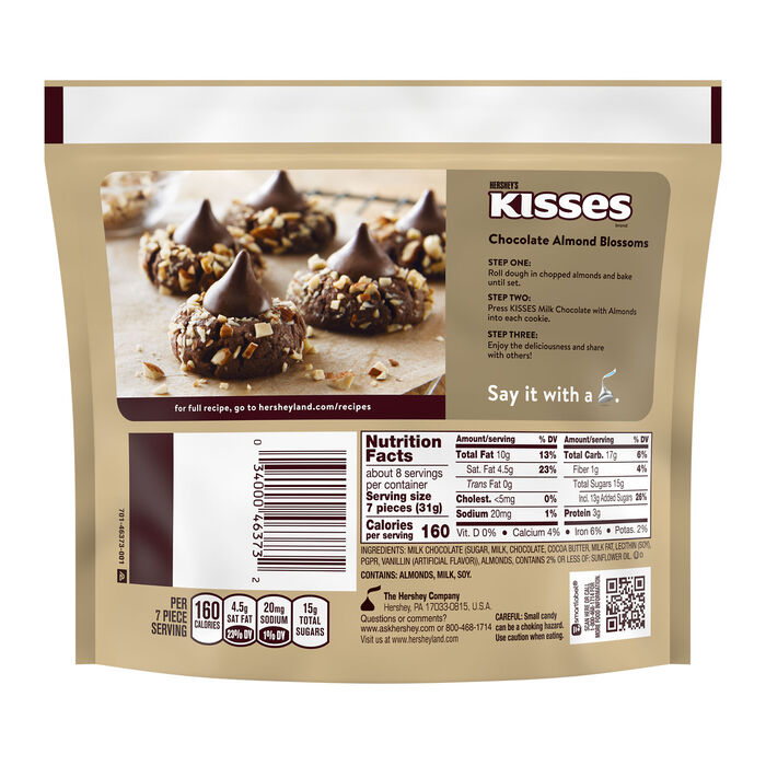 Image of HERSHEY'S KISSES Milk Chocolate with Almonds Candy Share Pack, 8.7 oz Packaging