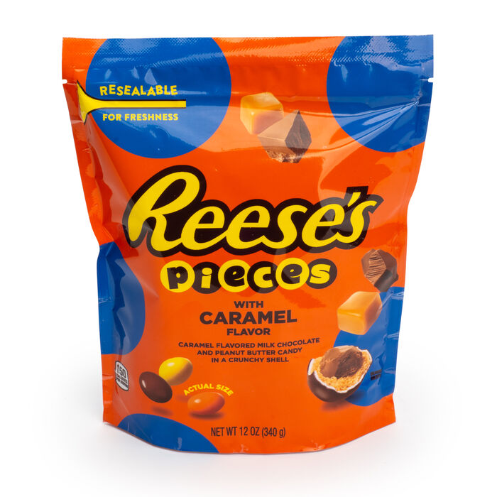 Image of REESE'S PIECES Caramel Flavored Milk Chocolate Candy, 12 oz bag Packaging