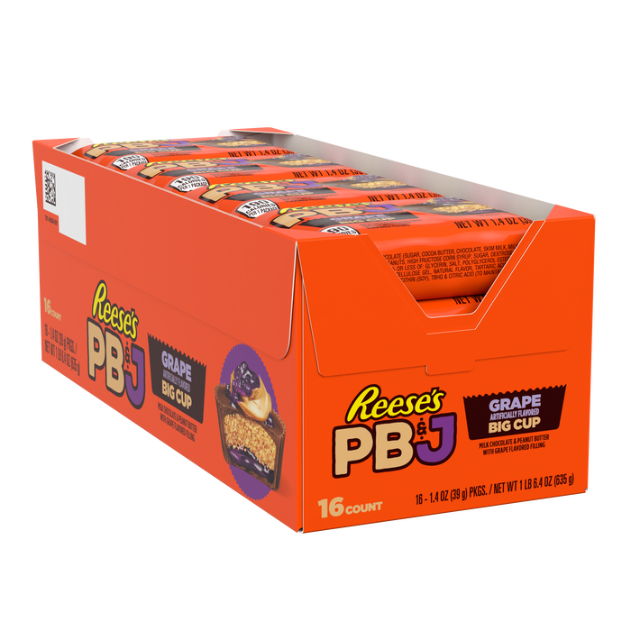 Image of REESE'S Big Cup PB&J Grape Milk Chocolate Peanut Butter Cup Candy Pack, 1.4 oz (16 Count) Packaging
