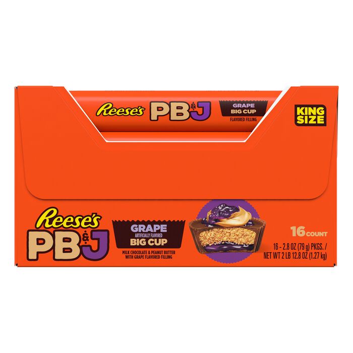 Image of REESE'S Big Cup PB&J Grape Milk Chocolate King Size Peanut Butter Cups Candy Pack, 2.8 oz (16 Count) Packaging