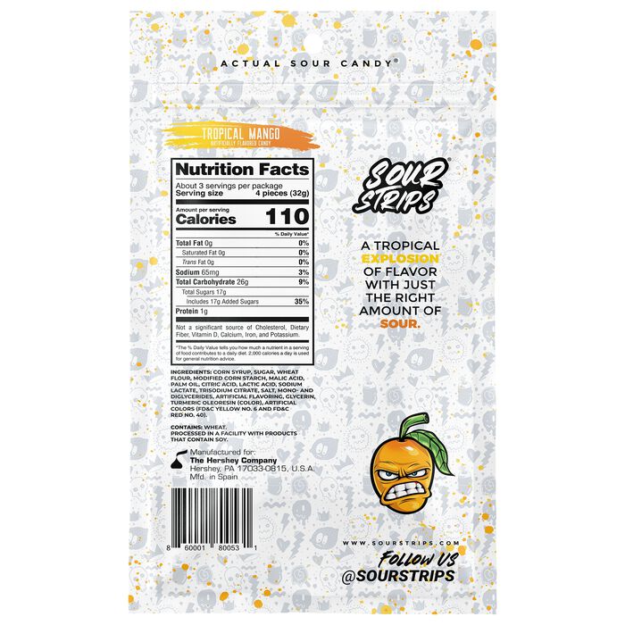Image of Sour Strips Mango Candy Peg Bag, 3.4oz Packaging