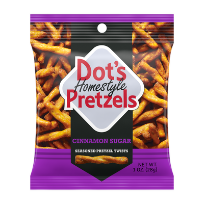 Image of DOT'S HOMESTYLE PRETZELS Cinnamon Sugar Seasoned Pretzel Twists, 1oz bag Packaging