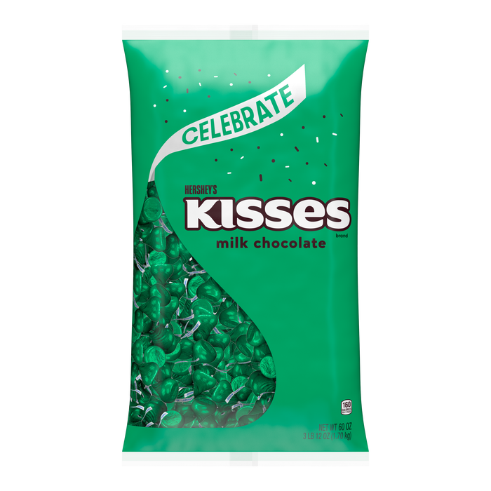 Image of HERSHEY'S KISSES Dark Green Foils Milk Chocolate Candy Bulk Bag, 60 oz Packaging