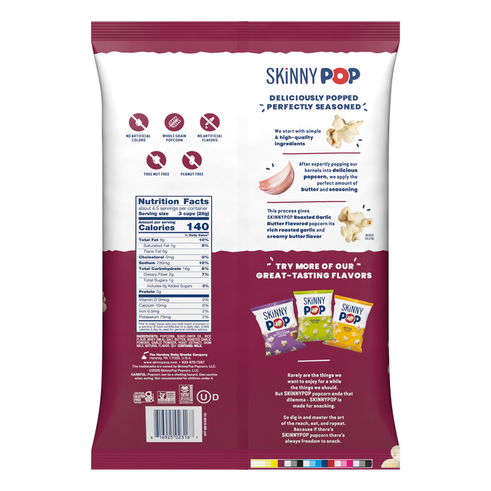 Image of SKINNYPOP Roasted Garlic Butter Flavored Popcorn, 4.4 oz bag Packaging