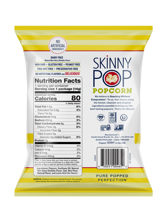 Image of SKINNYPOP Variety Pack Original and White Cheddar Popped Popcorn Bags, 0.5 oz (20 Count) Packaging