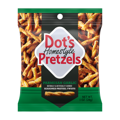 Image of DOT'S HOMESTYLE PRETZELS Parmesan Garlic Seasoned Pretzel Twists, 1oz bag Packaging