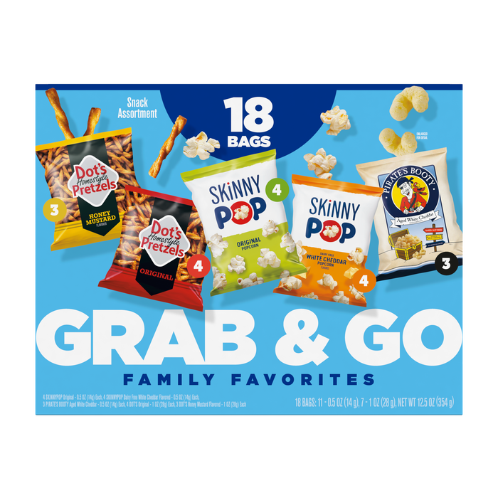 Image of SKINNYPOP Original and Dairy Free SKINNYPOP White Chedder Popcorn, DOT'S ORIGINAL HOMESTYLE PRETZELS and DOT'S Honey Mustard Homestyle Pretzels, and PIRATE'S BOOTY Aged White Cheddar Puffs 18-count Multipack Box Packaging