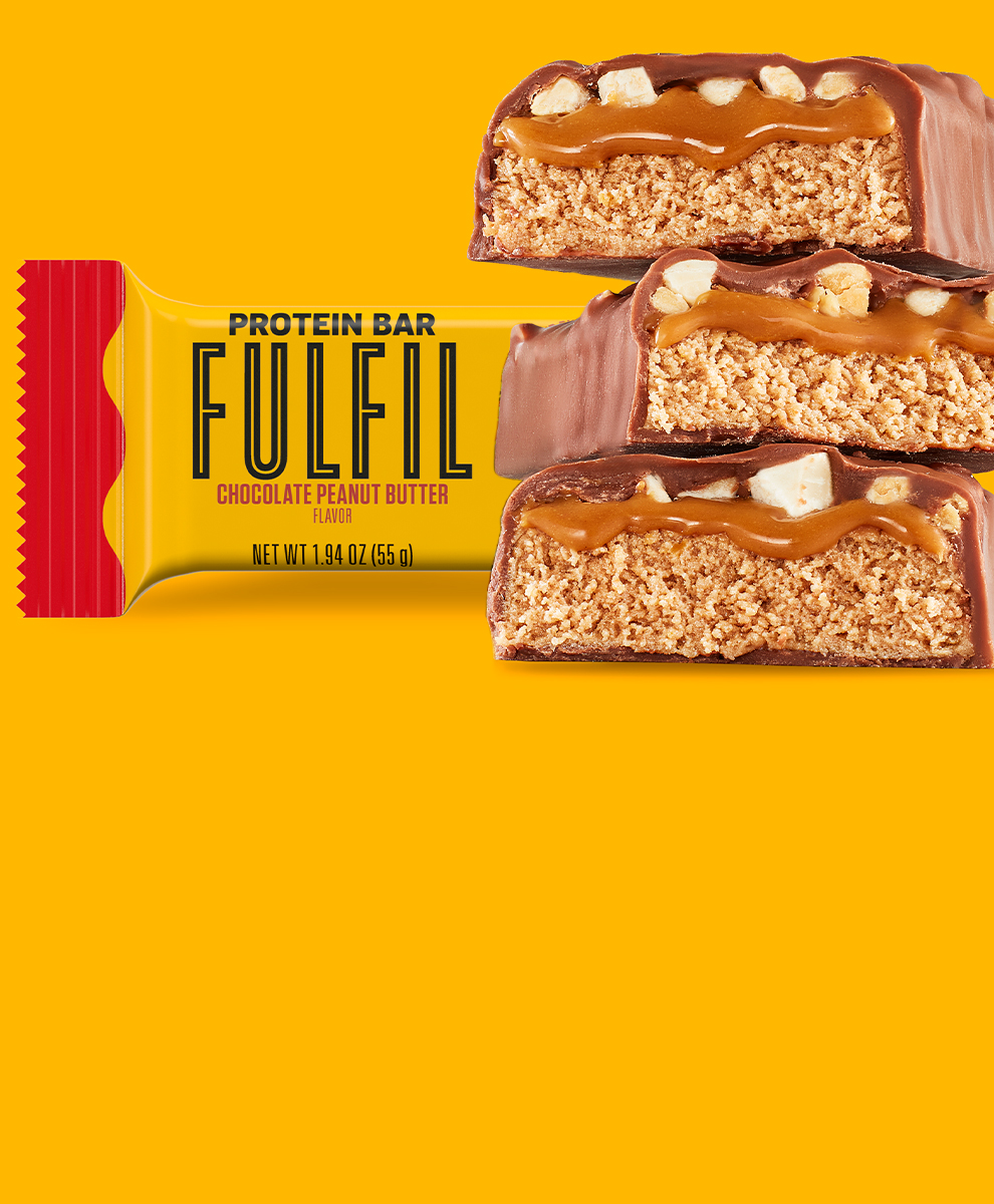 Promotional graphic showing Chocolate Peanut Butter FULFIL Protein Bars
