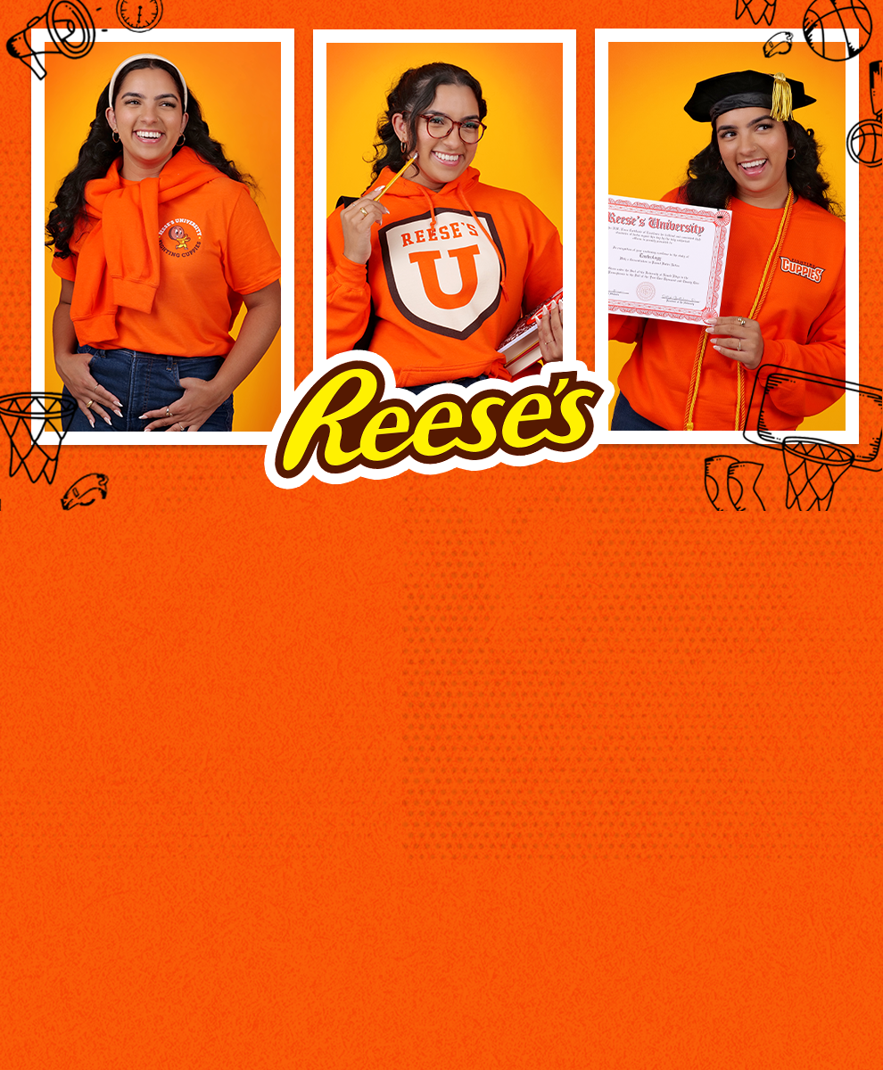 Reese's March Madness apparel on models on orange background