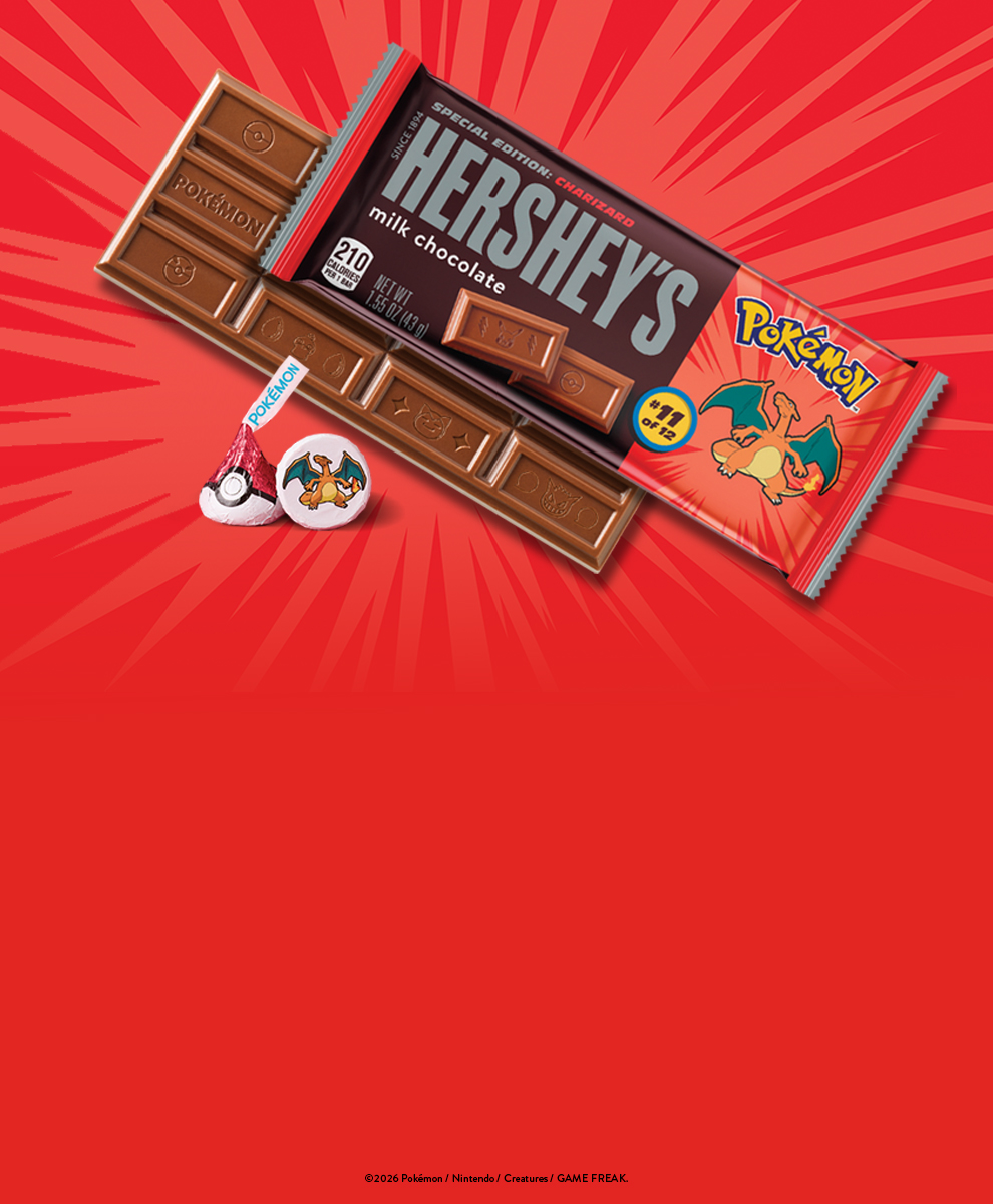 Promotional graphic featuring Hershey's Pokémon Milk Chocolate Bars and Hershey's Pokémon KISSES
