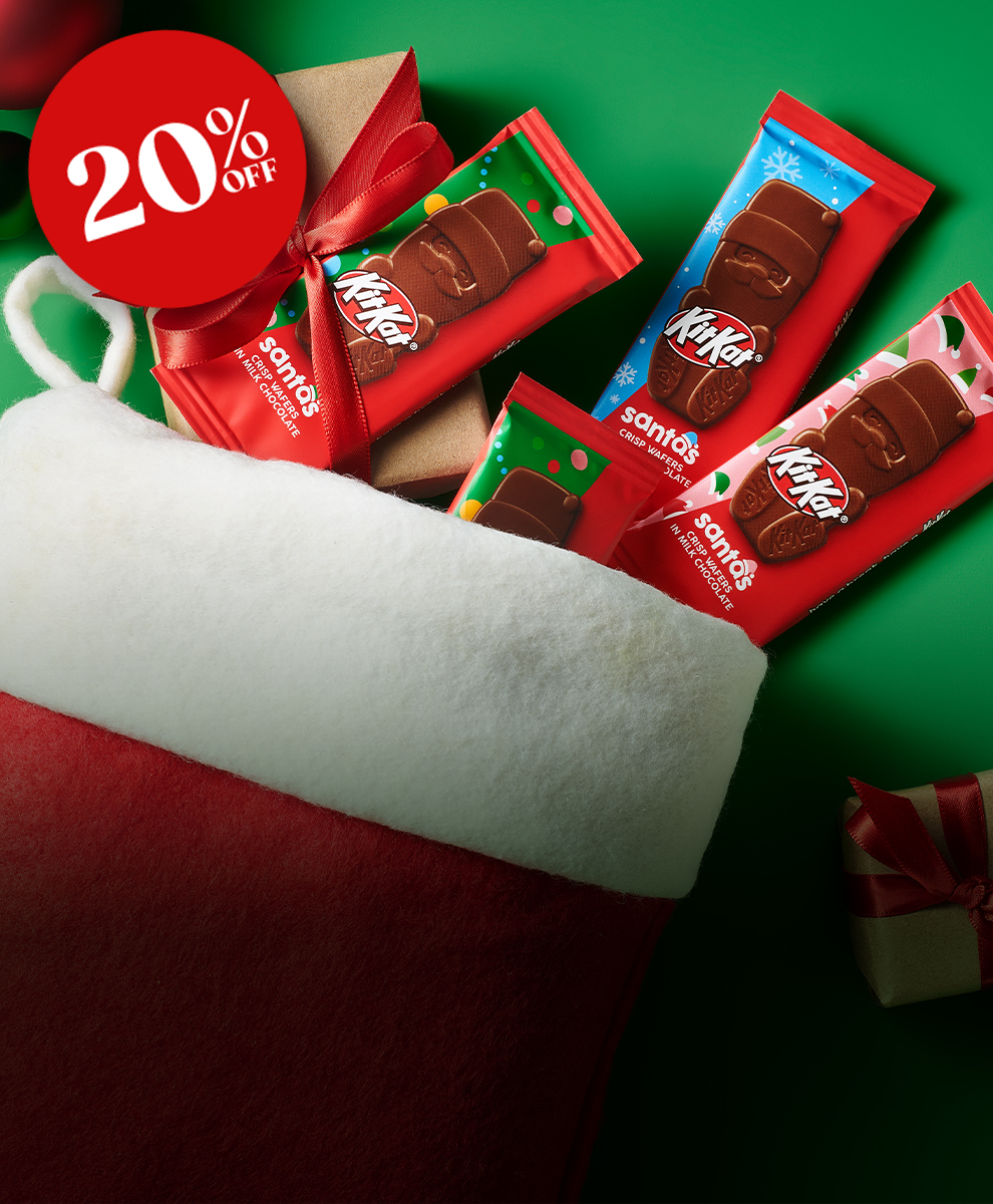 Promotional graphic featuring KIT KAT® milk chocolate Santas spilling out of a Christmas stocking