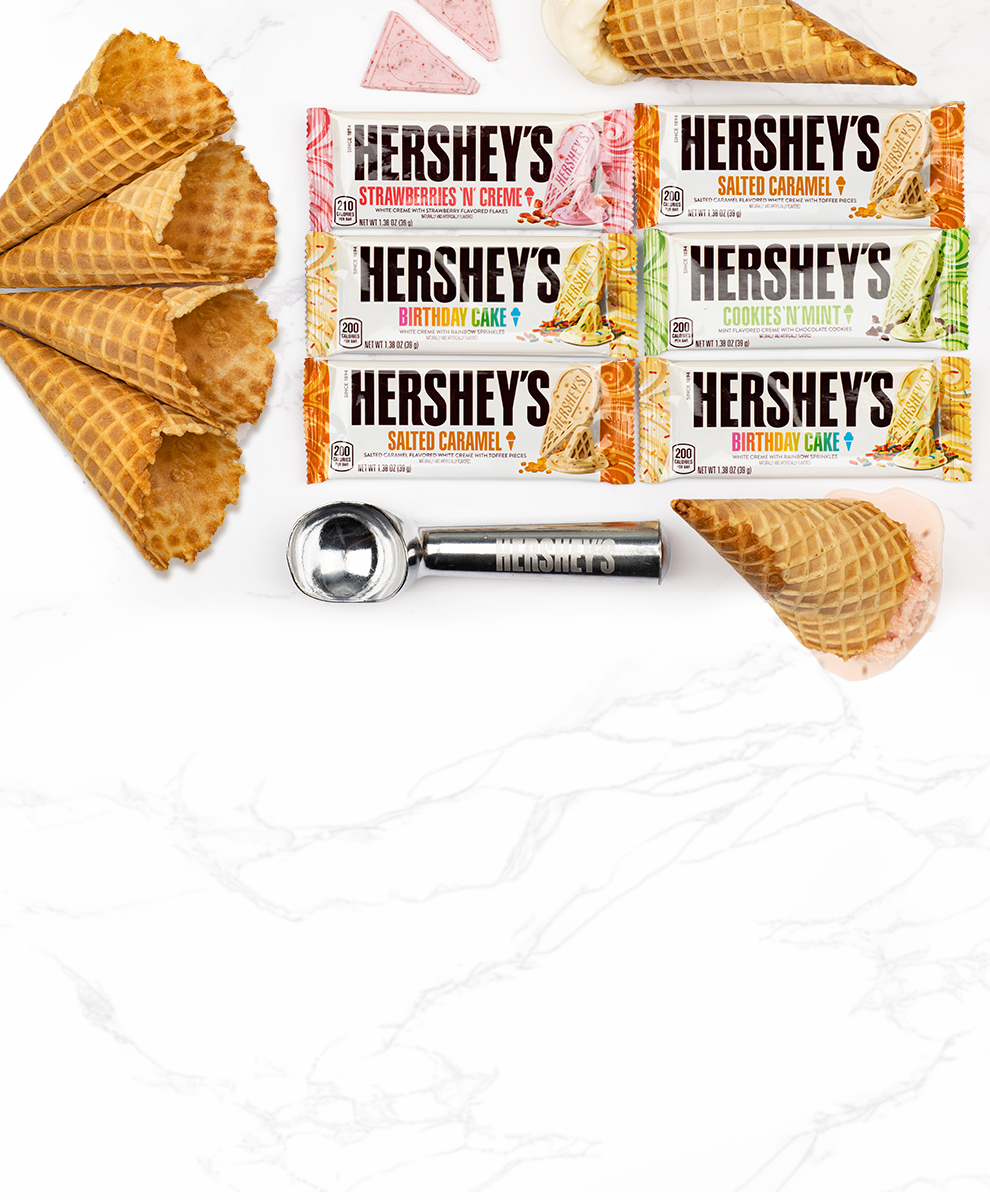 Promotional graphic featuring Hershey's White Chocolate Bars in ice cream inspired flavors
