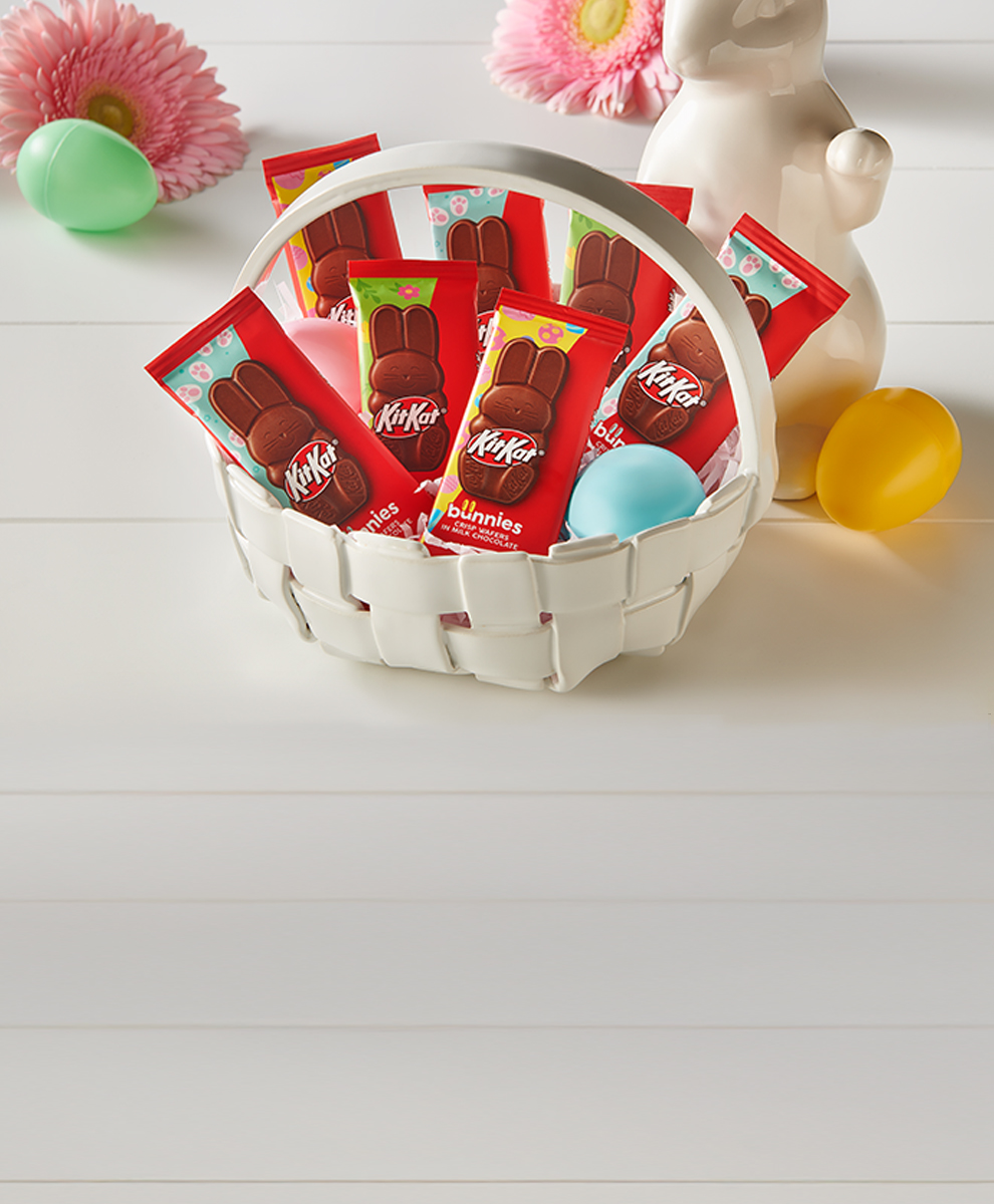 Promotional graphic featuring Kit Kat Bunnies in a spring time easter basket