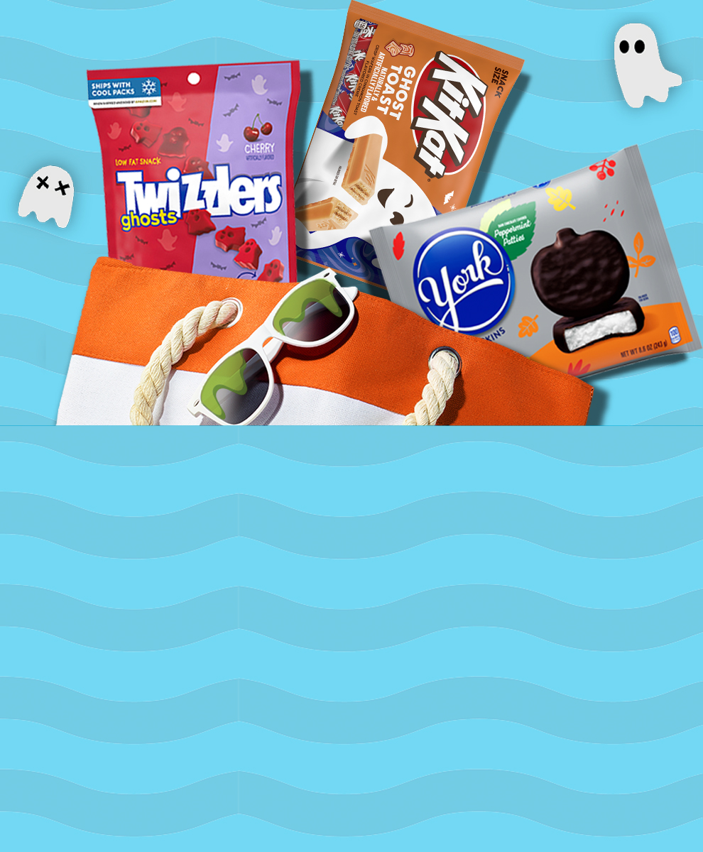 Promotional graphic featuring Halloween Candies floating on a pool float at the pool