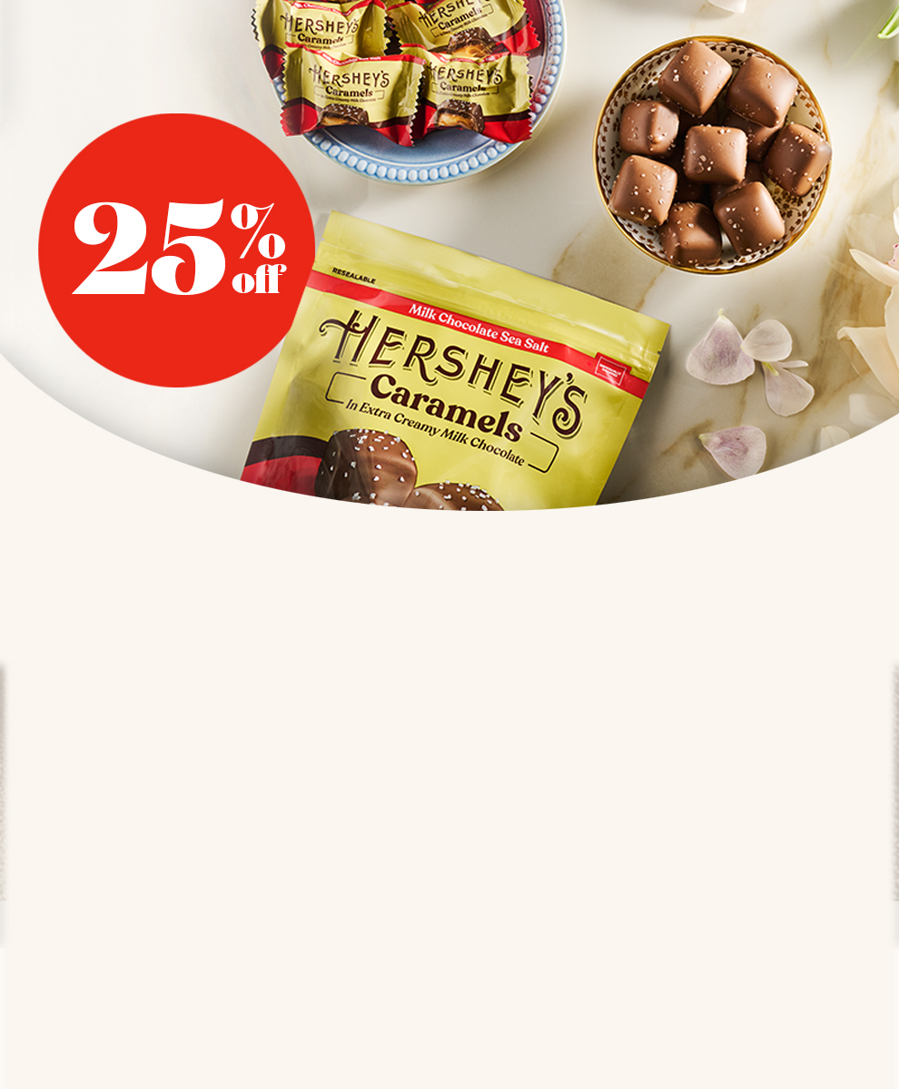 Promotional graphic featuring HERSHEY'S Milk Chocolate easter eggs and Reese's Peanut Butter Eggs and Bunnies