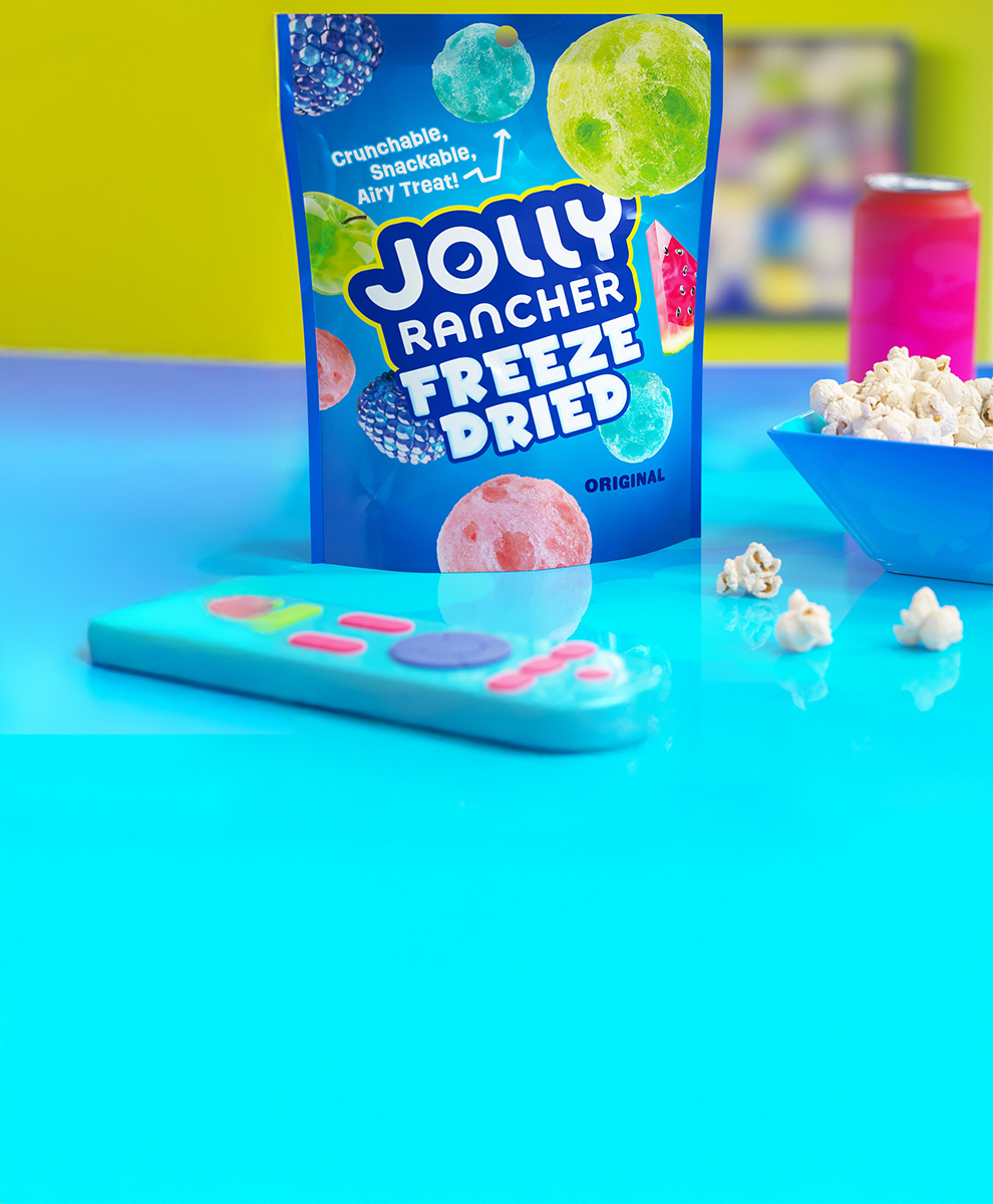 Promotional graphic featuring Jolly Rancher freeze dried candies