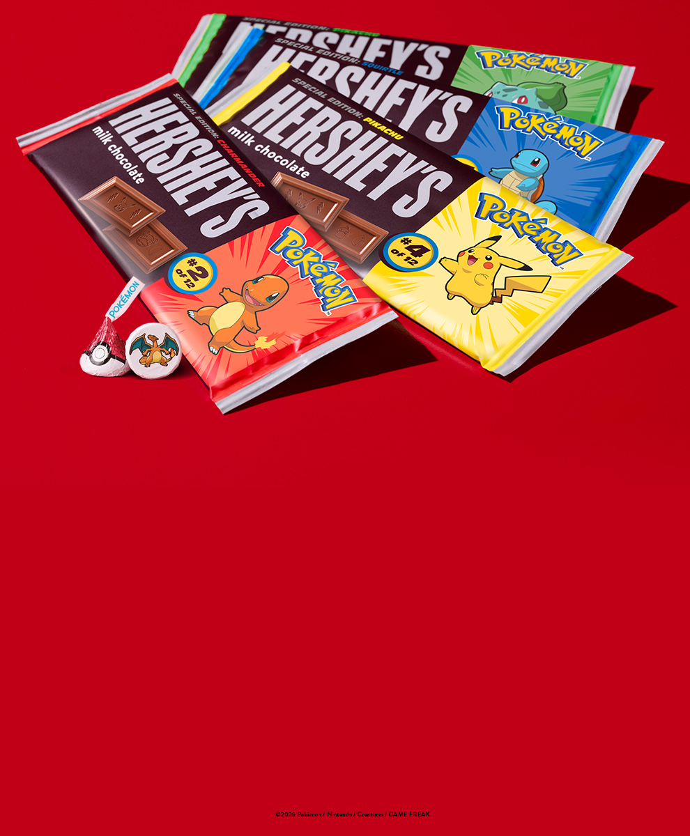 Promotional graphic featuring Hershey's Pokémon Milk Chocolate Bars and Hershey's Pokémon KISSES