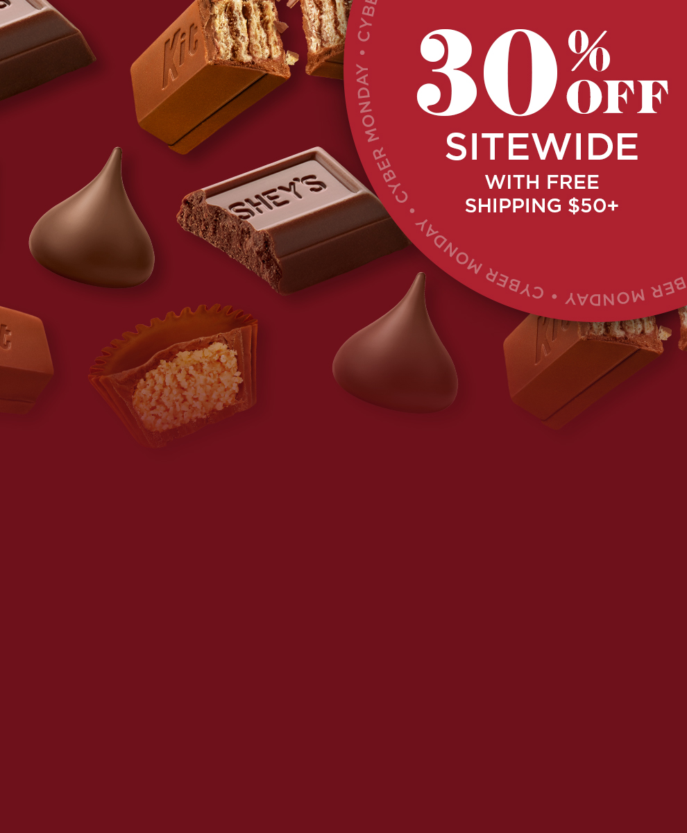 HERSHEY'S and KIT KAT® and REESE'S miniatures and snack size candies close-up on a solid burgundy background