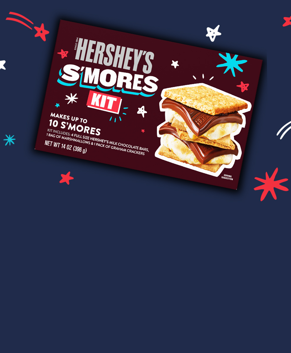 Promotional graphic featuring Hershey's S'mores Combo Kit with Hershey's Caramel and Milk Chocolate Bars and Reeses Peanut Butter Cups