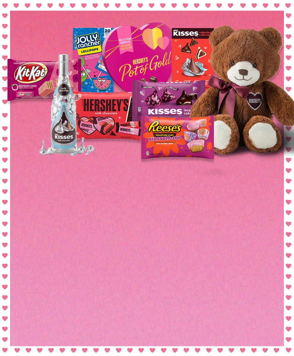 Assortment of Hershey’s Valentine’s Day candy and gifts
