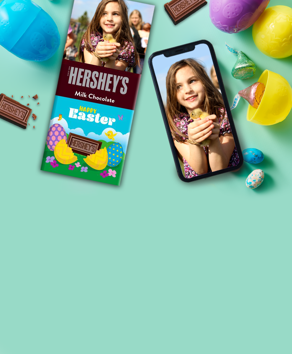 Easter-themed Personalized HERSHEY'S Bar next to a smartphone