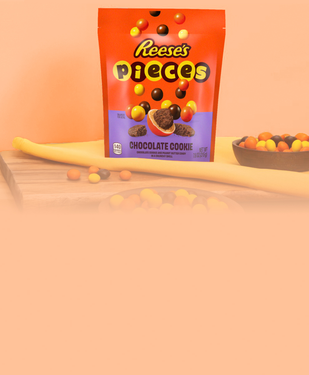 Promotional graphic featuring REESE'S PIECES Candies with cookie center