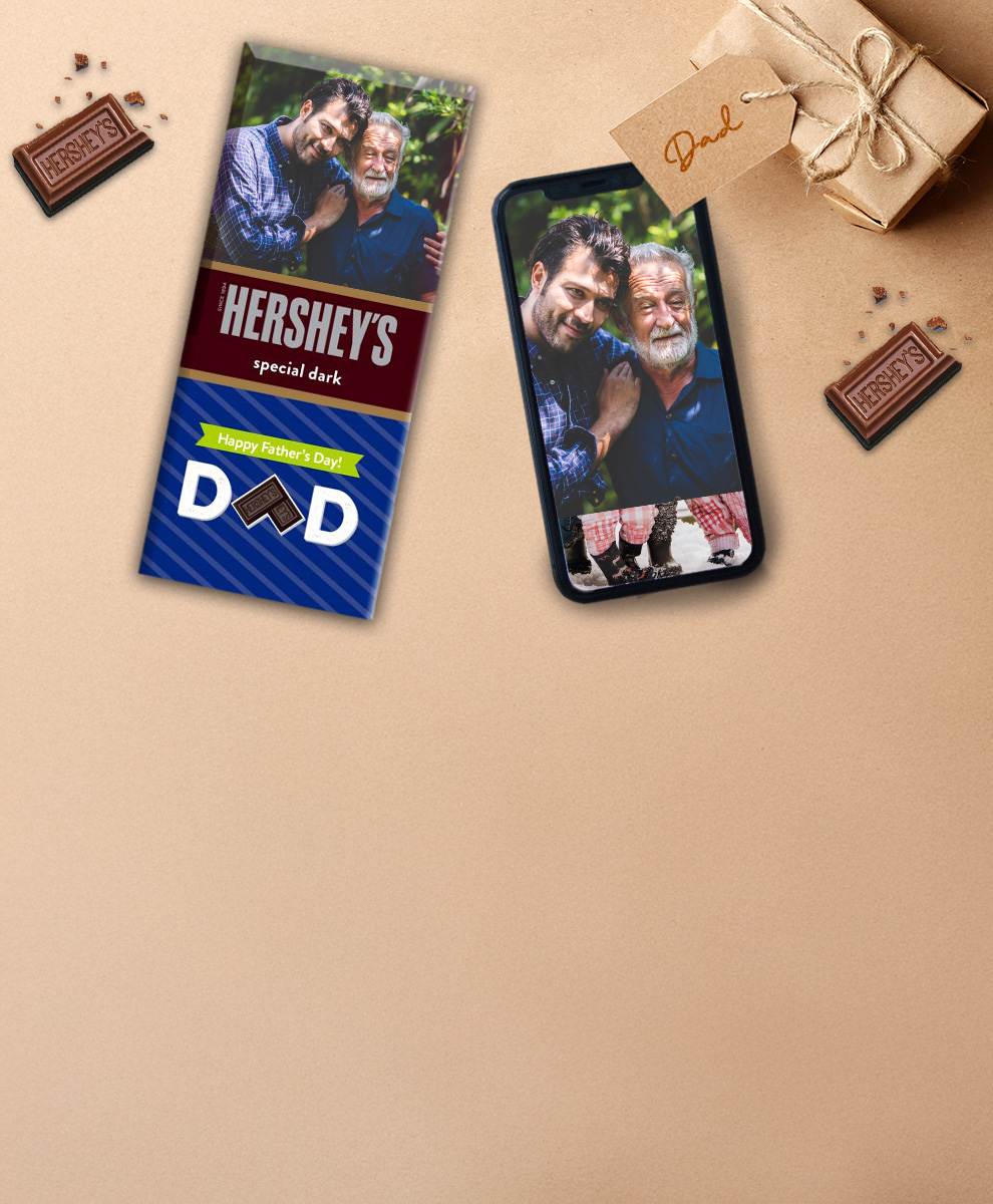 HERSHEY'S Bar with Father's Day-themed personalized wrapper and iPhone background
