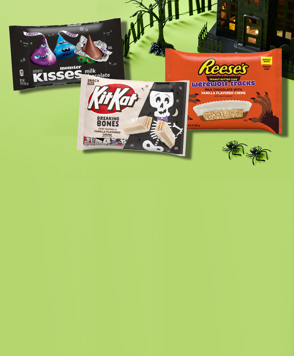 Promotional graphic featuring Halloween candies with a monster packaging