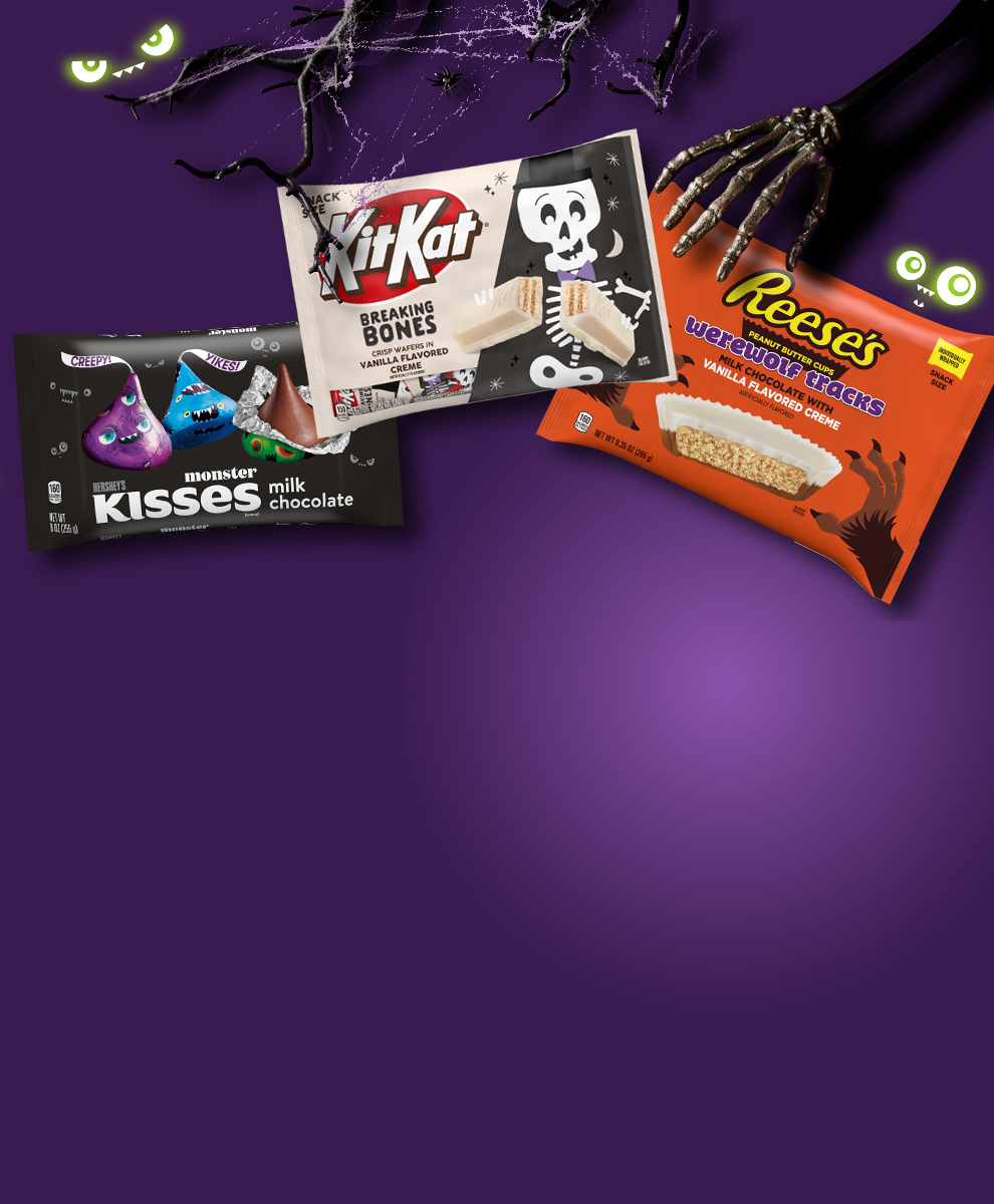 Promotional graphic featuring Halloween candies with a monster packaging
